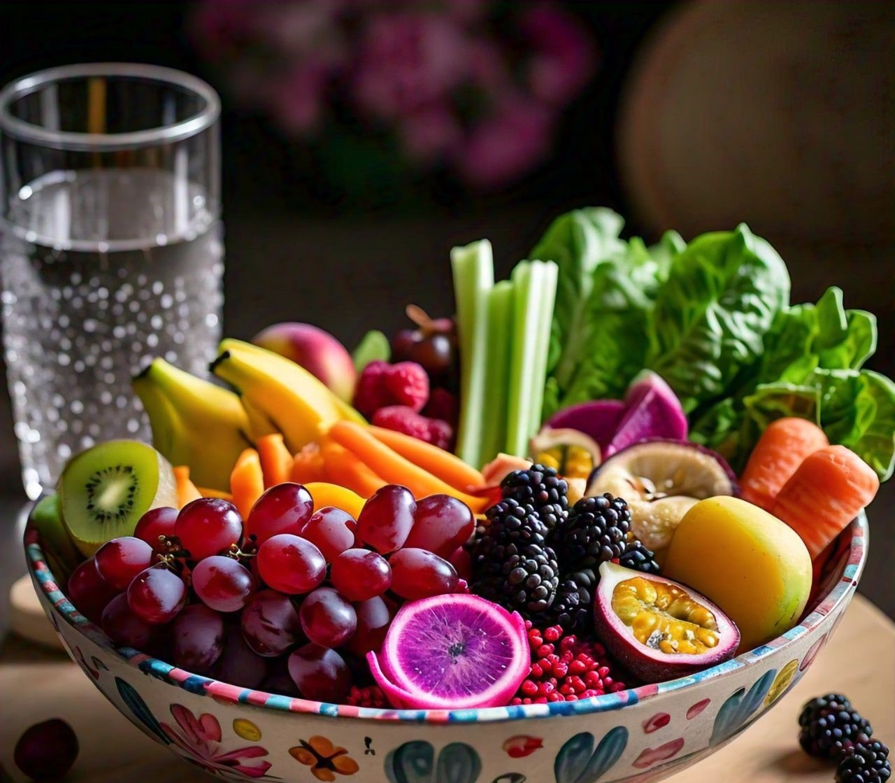 A bowl of mixed fruits and vegetables, accompanied by a glass of water and a set of dumbbells in the background